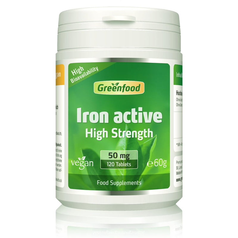 Greenfood Iron Active, 50 mg, Extra high dose, 120 Tablets, high Availability, Excellent tolerability, Vegan - Important for Blood Formation, Energy and Immune System.