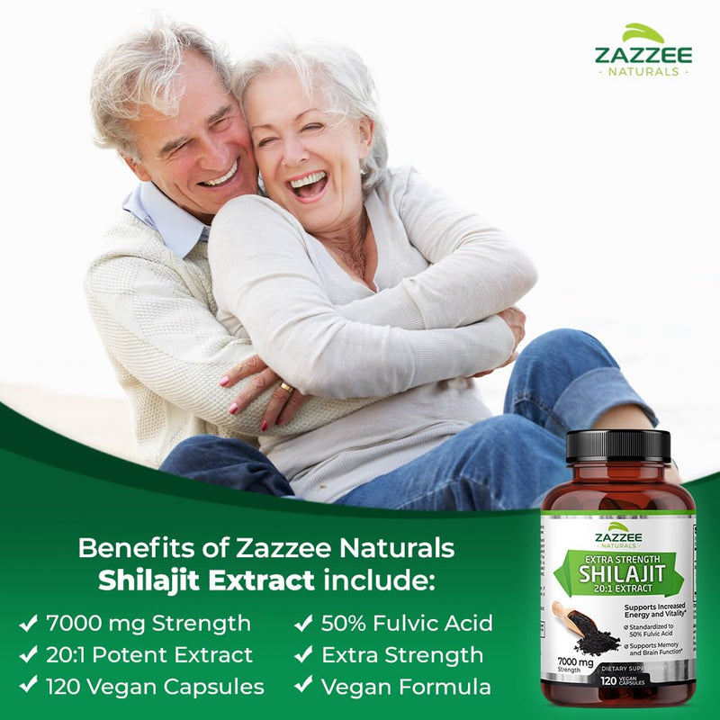 [Australia] - Zazzee 100% Pure Organic Himalayan Shilajit 20:1 Extract, 7000 mg Strength per Capsule, 50% Fulvic Acid, 120 Servings per Bottle, 20X Potency, Rich in Trace Minerals, Non-GMO, Vegan, Made in The USA 