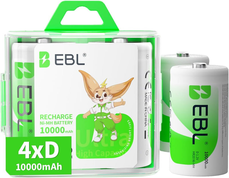 Rechargeable D Cells 10,000mAh 1.2V Ni-MH High Capacity High Rate D Size Battery (4-Counts)