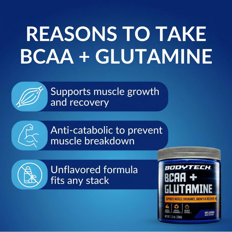 BodyTech BCAA + Glutamine Powder, Unflavored, 7.3 Oz, 30 Servings | Vitamin C, L Glutamine & More, Essential Pre Workout or Post Workout Amino Acids for Men & Women 7.3 Ounce (Pack of 1)