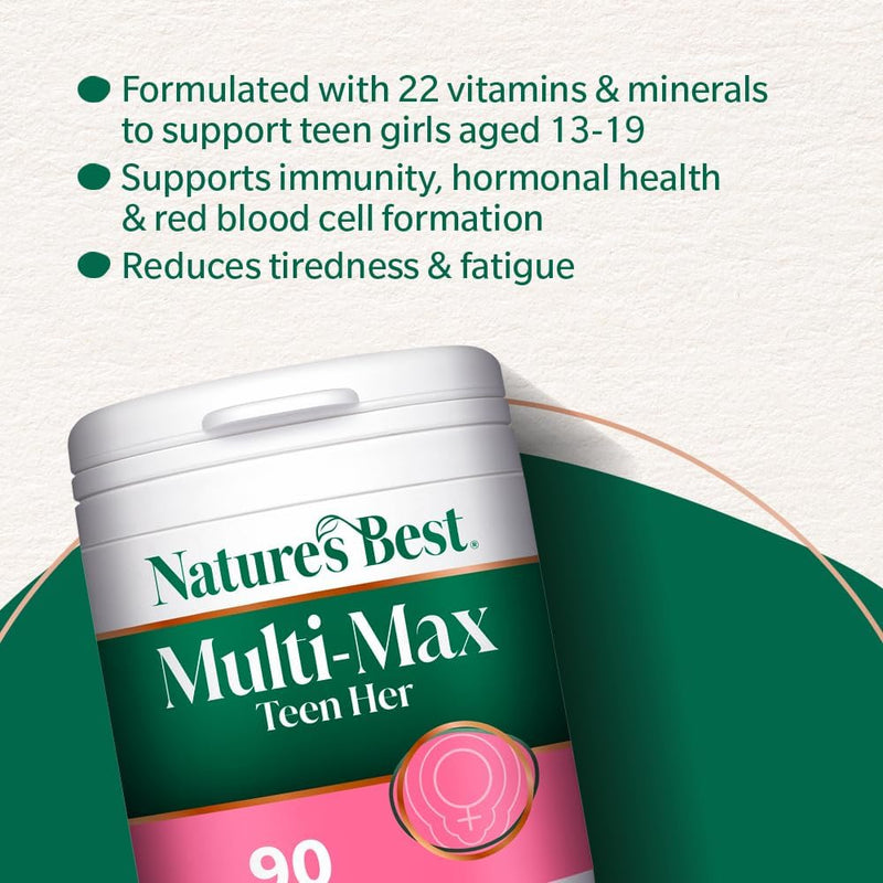 Nature's Best Multi-Max Multivitamin for Teen Her - Growth & Development Support for Girls 13-19 - with Iron, Vitamin B6 & Vitamin C - UK Made - 90 Tablets (3 Months' Supply)