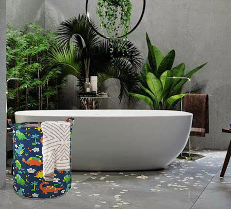 [Australia] - Round Canvas Clothes Basket Laundry Hamper dark blue dinosaur 