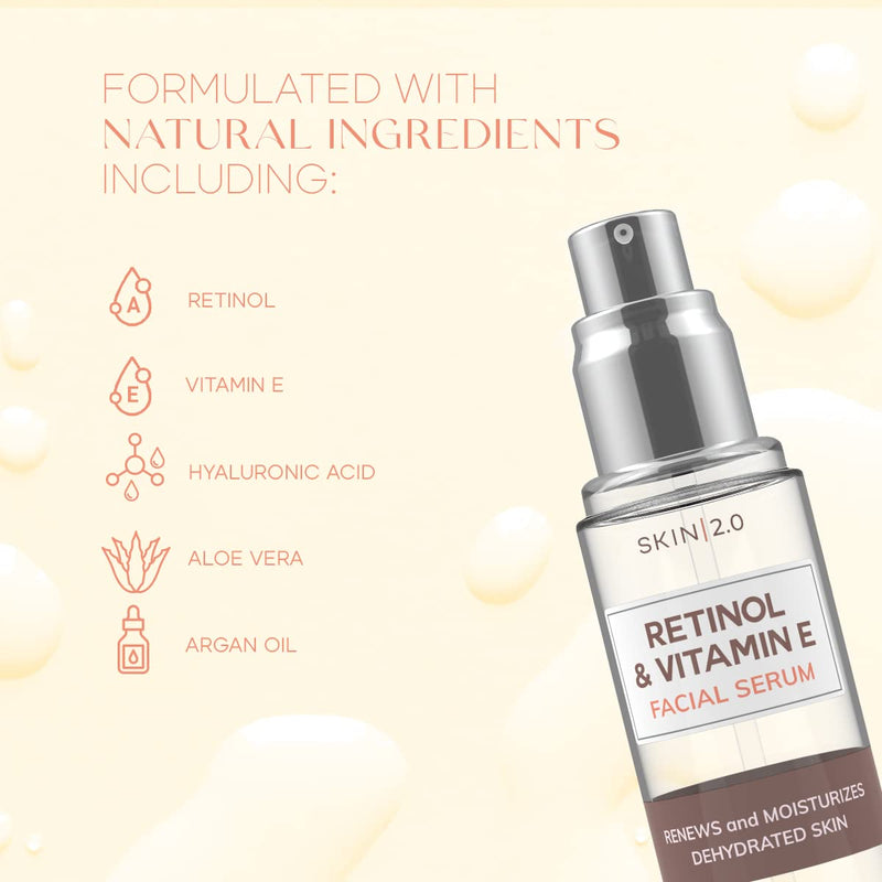 Skin 2.0 Retinol & Vitamin E Face Serum - 1.69 Fl. oz, Cruelty-Free, Reduces Acne Scars, Wrinkles, Anti-Aging, Skin Renewal, Hydrating, Korean Beauty Retinol and Vitamin E