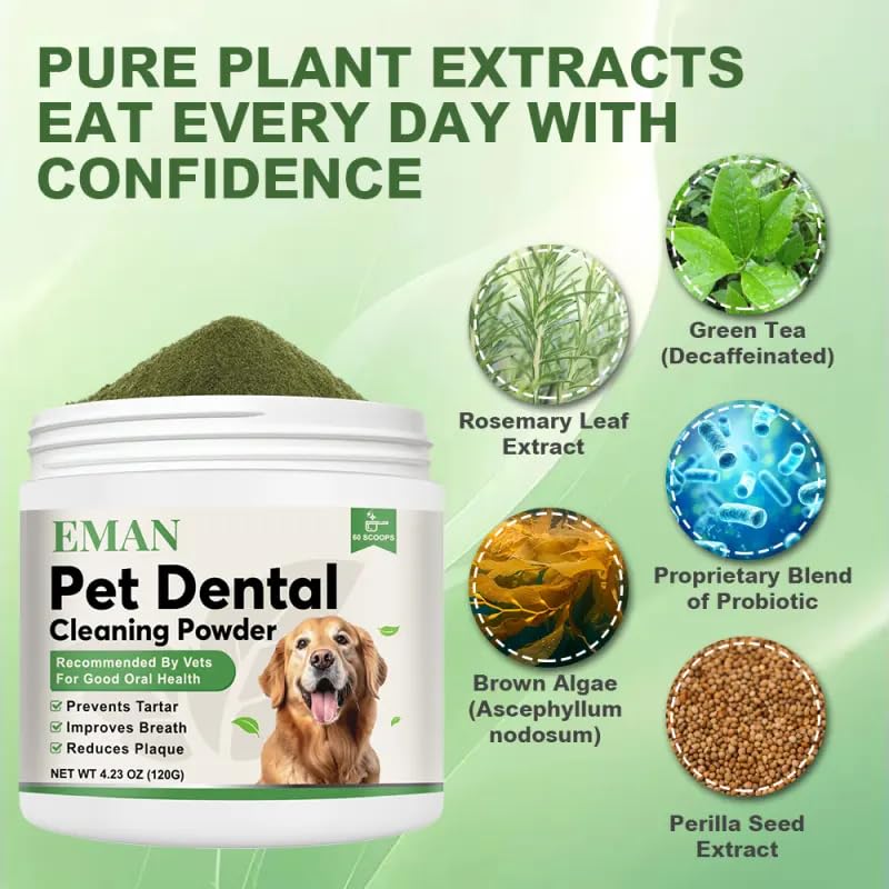 EMAN Dog Teeth Cleaning Powder - Dental Powder for Dogs, Dog Breath Freshener - Targets Tartar, Reduces Plaque & Bad Breath - Suitable for Small, Medium, and Large Dogs (120g) - PawsPlanet Australia