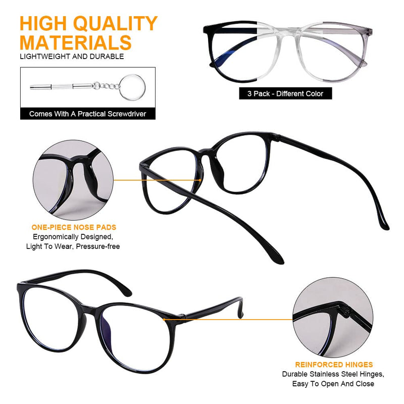 [Australia] - URAQT blue light filter glasses, round anti blue light PC gaming glasses, fashion glasses, blue light blocking glasses, without strength blue filter glasses for women and men (black & white & grey) black & transparent & grey 