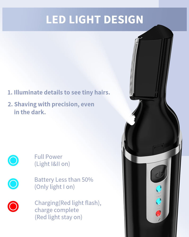 Eyebrow Trimmer, Electric Eyebrow Razor for Women Men, Rechargeable Painless LED Light Facial Hair Shaver Remover with Rinseable Blade for Face Lips Neck Leg Black