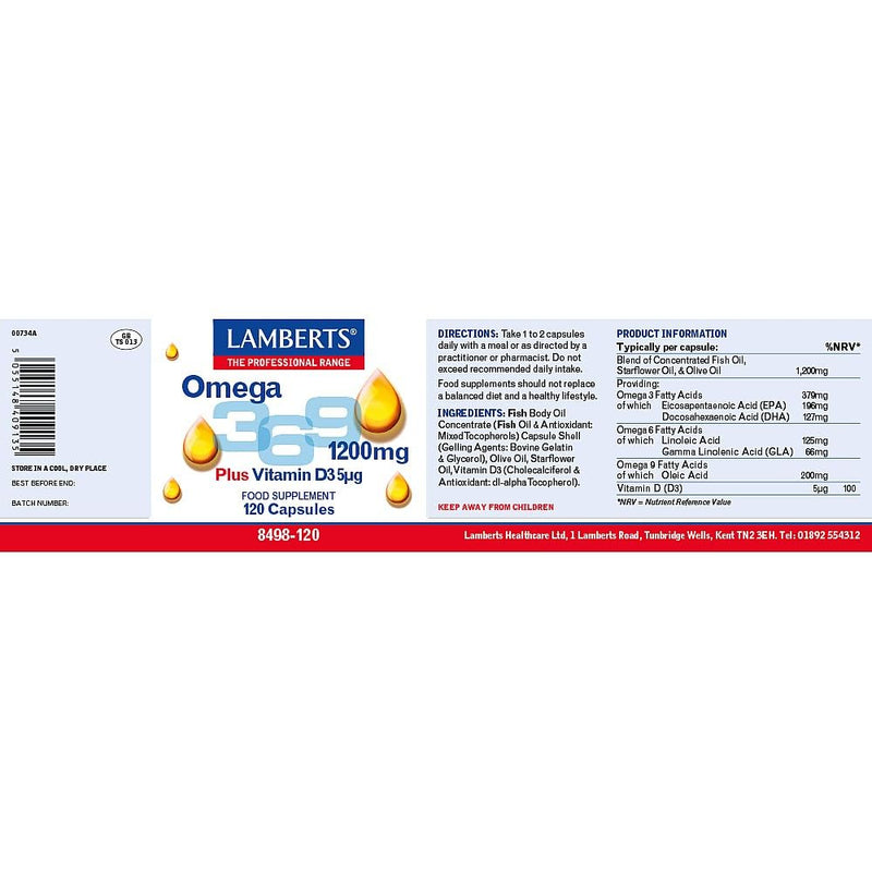 Lamberts Omega 3 6 9 – 1200mg with EPA, DHA, GLA & Oleic Acid – Plus Vitamin D – 120 Capsules