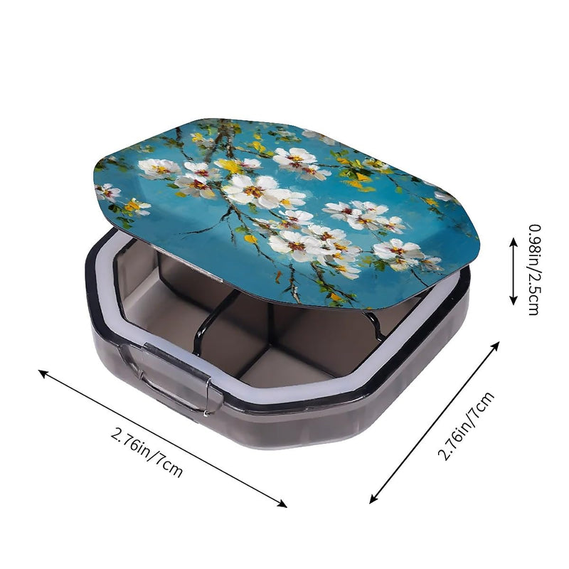 4 Compartment White Flowers Travel Pill Organizer, Watertight Portable Daily Pill Box for Vitamins, Fish Oil, Medicine & Small Items - BPA-Free Food Grade Material 4 Compartment