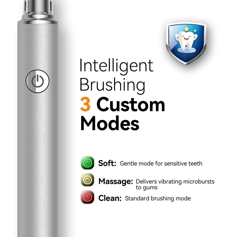 JTF Sonic Electric Toothbrush for Adults: 6 Brush Heads, 3 Brushing Modes, 2-Min Smart Timer, IPX7 Waterproof and Tongue Scraper, Deep Cleaning & Whitening, Rechargeable Toothbrush for Teeth & Braces Silver