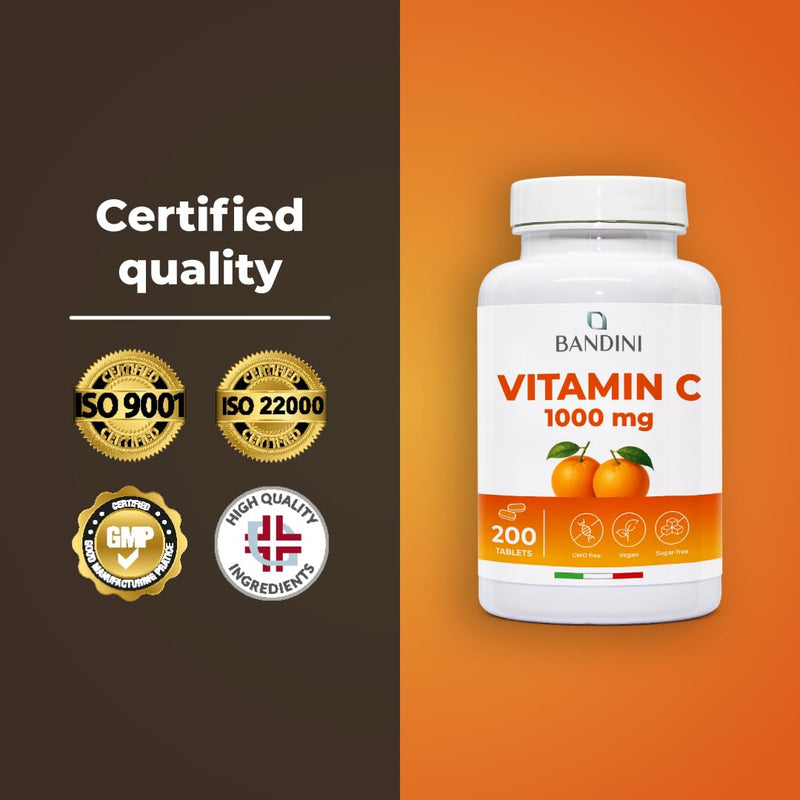Bandini® Vitamin C 1000mg 200 Tablets (+6 Months) | Supports Immune System & Skin Health | High Strength for Healthy Bones, Nails, Hair | 100% Vegan L-Ascorbic Acid | Antioxidant Supplement, Non-GMO
