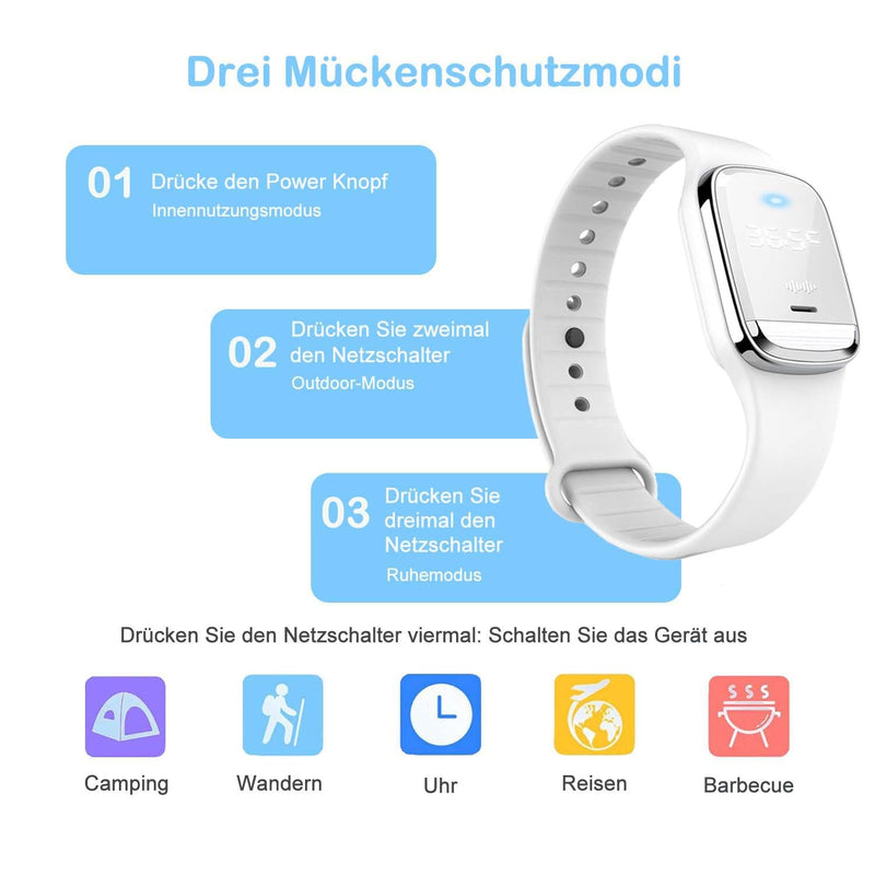 [Australia] - Feloyal Mosquito Repellent Bracelets Body Temperature Display and Mosquito Repellent Rechargeable Waterproof Ultrasonic Wrist Watch for Adults and Children Indoor Outdoor White 