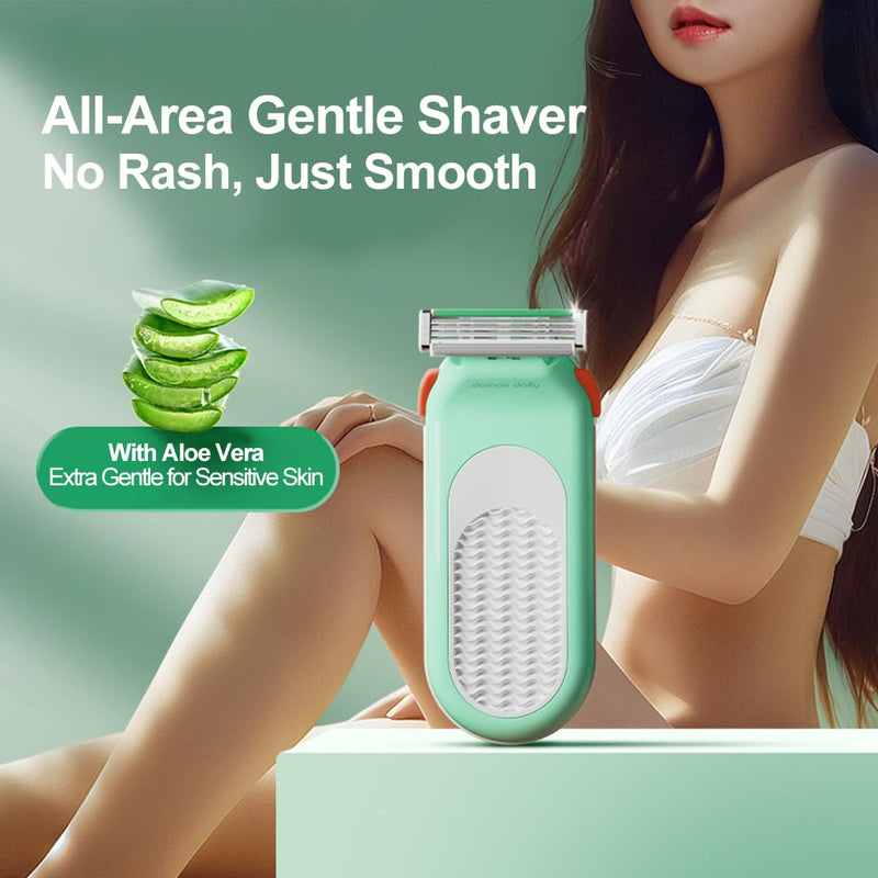 [Australia] - Razor for Women – Travel Essentia,Women's Travel Razor with 6 Refills & 3 Blades – Bikini, Legs & Face Shaver – Comfort Glide System – Compact Green 