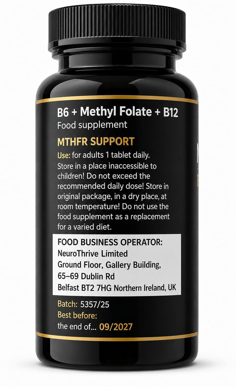 MTHFR Support – Methyl Folate 400mcg, Methyl B12 1000mcg & P5P B6 – Homocysteine & Methylation Support – 30 Tablets