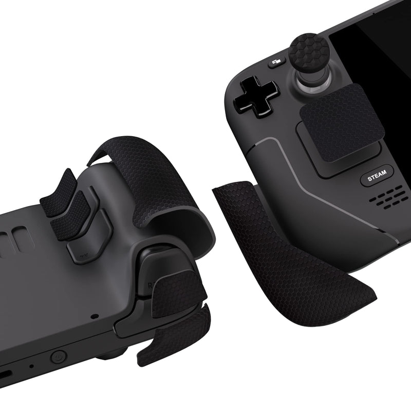 [Australia] - PlayVital Professional Textured Soft Rubber Pads Handle Grips for Steam Deck LCD & OLED, Trackpads Skin Grip Enhancement Back Button Protective Stickers Set with Thumb Caps - Honeycomb Textured Black 