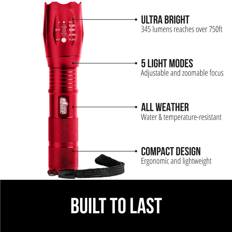 GORILLA GRIP Luggage Straps and Tactical Flashlights, Luggage Straps Tightening Belts 4 Pack, Tactical Flashlight Adjustable Mode 2 Pack, Both in Red, 2 Item Bundle