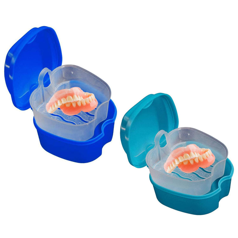 2 Pack Denture Bath Cup Case Box Holder Storage Soak Container with Strainer Basket for RetainersTravel False Teeth Cleaning (Blue, Green) Blue, Green