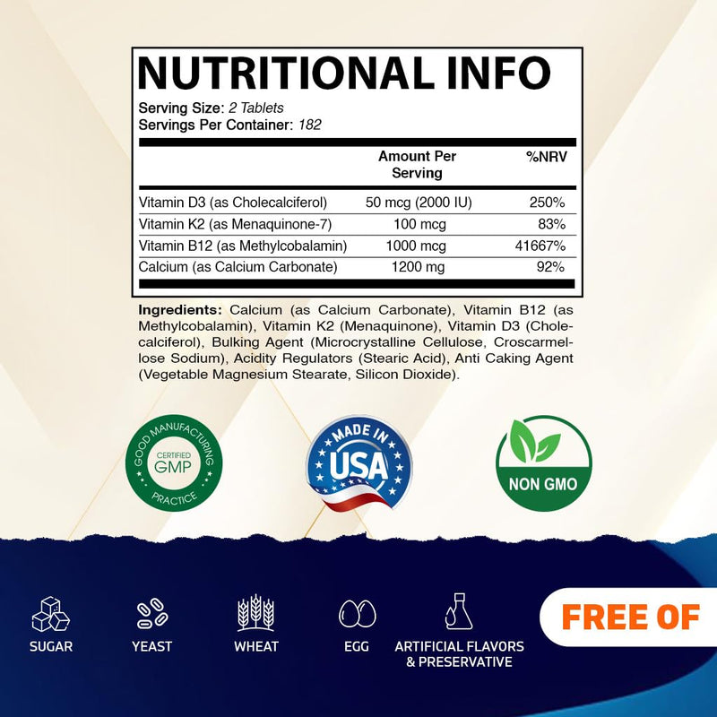 Vitamatic Calcium Supplement 1200mg with D3, K2 & B12, Immune & Bone Health Support - 365 Coated Tablets