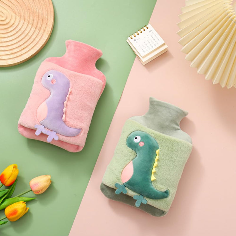 [Australia] - MHwan Hot Water Bottle, 2L Large Thickened Plush Fluffy Hot Water Bottle Children Adults, Cute Cuddly Dinosaur Hot Water Bottle Animal, Safe, Explosion-Proof Leak-Proof, Removable for Cleaning Green Dinosaur 