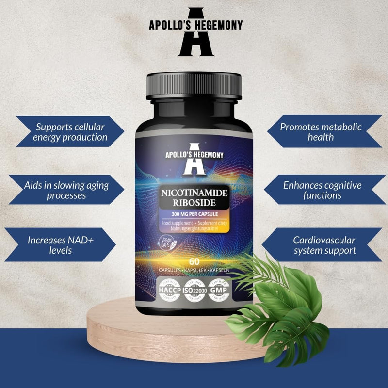 Nicotinamide Riboside (NR) 300 mg - 60 Niacin Vegan Capsules - 2 Months Supply - NAD+ Precursor - Vitamin B3 Supplement to Support Energy Metabolism and Reduce Tiredness - by Apollo's Hegemony