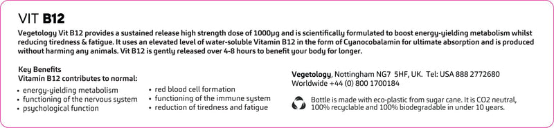 Vegetology Vegan Vitamin B12 1000 mcg - Sustained Release Tablets - Supports Normal Energy Metabolism & Nervous System Function - 60 Vegan Tablets, Made in The UK