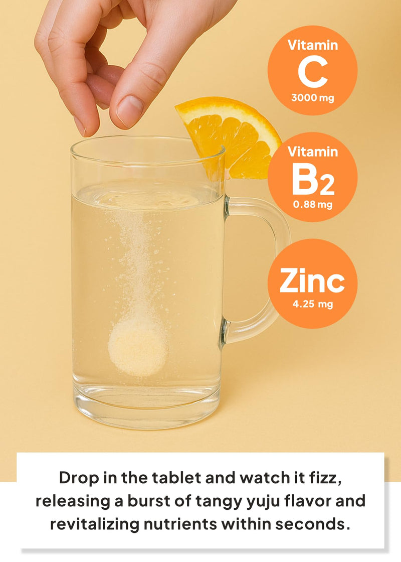 Korean Food Everteen MegaVita C3000 Effervescent Drink, Citrus, 10Tabs x3PK | Citrus-flavored effervescent beverage tablets with 3 packs of 10 tablets each Yuzu (30 Counts)