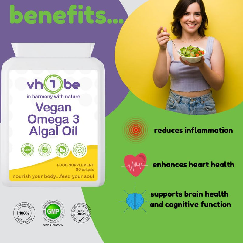 Vegan Omega 3 Algal Oil – Plant-Based DHA & EPA for Heart, Brain & Eyes – Fish-Free Supplement – 90 Softgels