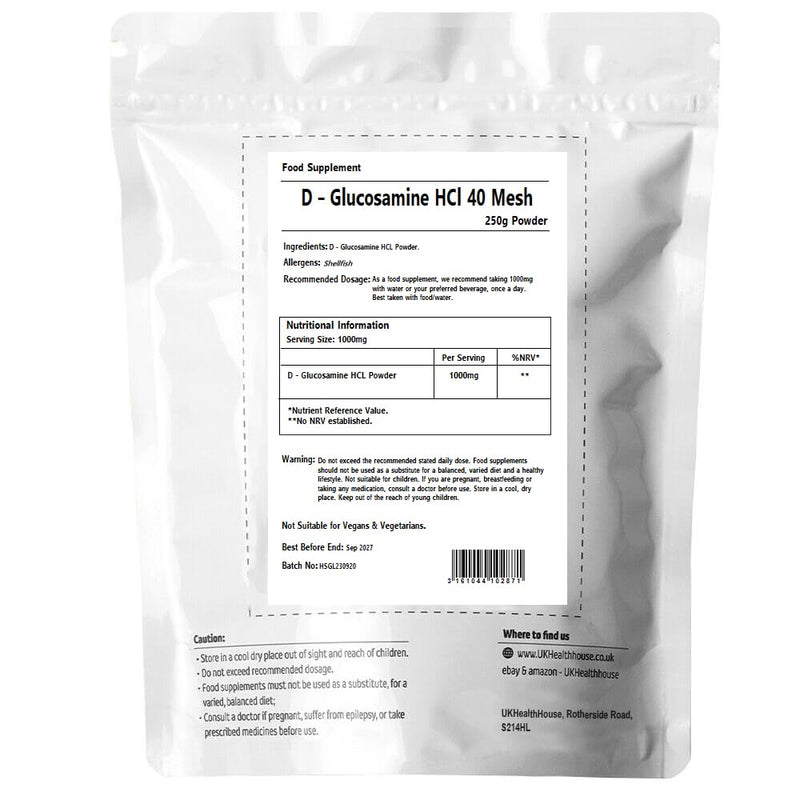 UKHealthHouse Glucosamine Hydrochloride Powder Joint and Cartillage Support Extra Strength 40 Mesh D-Glucosamine HCL Powder HCL Supplement (250g) 250g