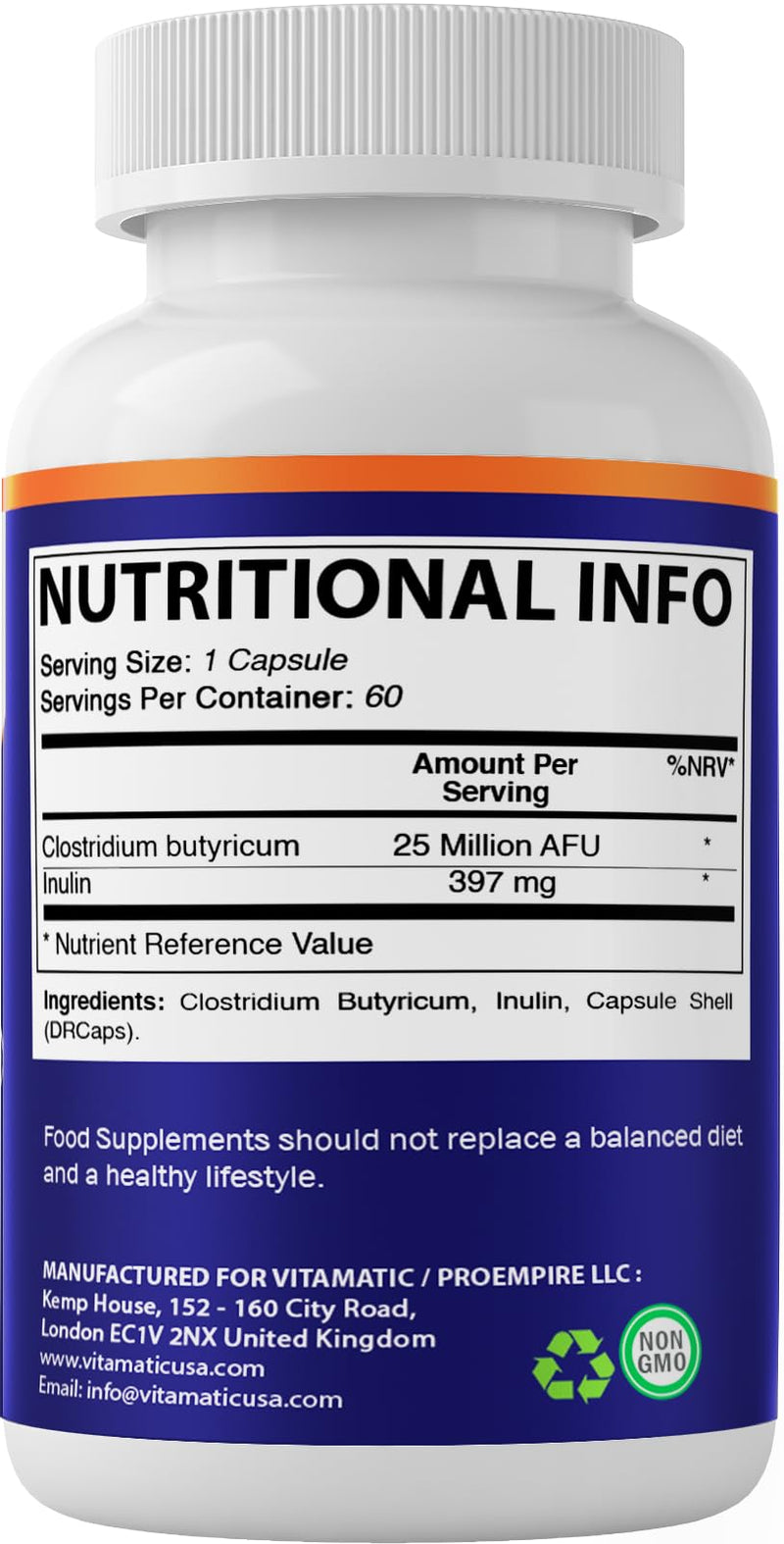 Vitamatic Clostridium butyricum 25 Million - Gut Health - 60 DR Capsules (Delayed Released) - Made with Prebiotic Inulin Fiber