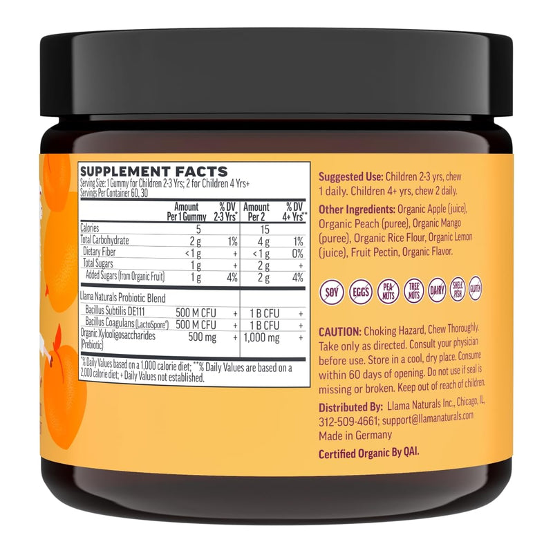 [Australia] - Llama Naturals Real Fruit Prebiotic & Probiotic Kids Gummies, No Added Sugar Cane, Vegan Organic Synbiotics, Children Digestion, Toddler Tummy Aches, Gut Health, 2B CFU, 60 ct (30 Days) Peach Mango Kids Peach Mango 60 Count (Pack of 1) 