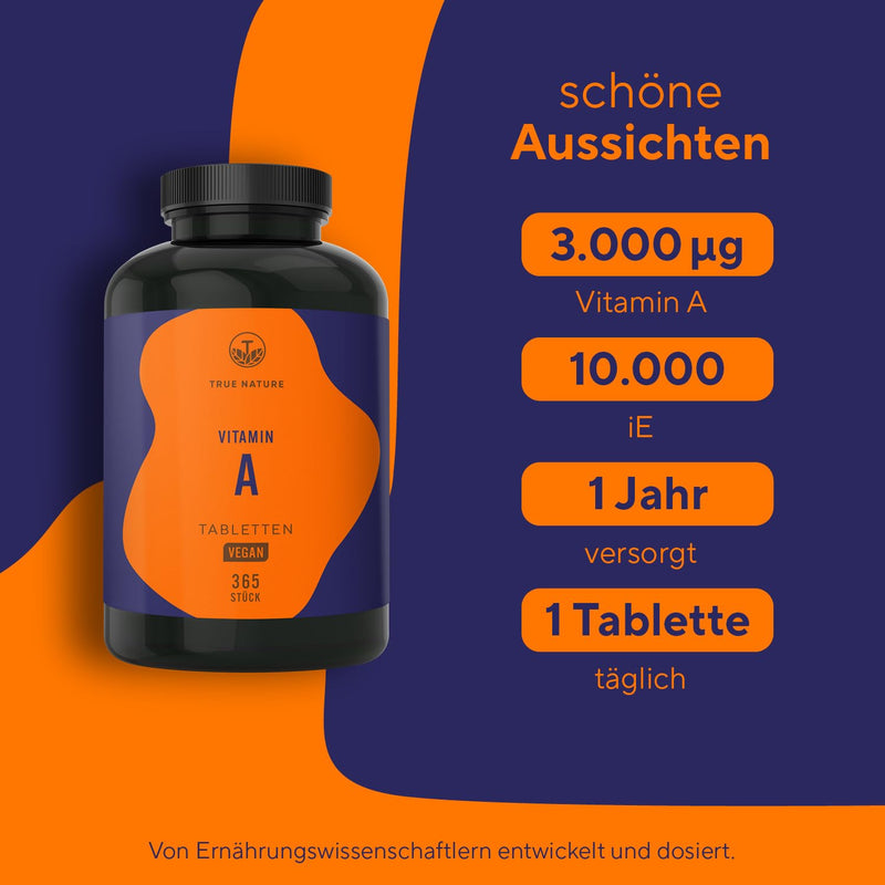 [Australia] - Eye vitamins - 365 vitamin A tablets - Retinol: 10,000 IU (3000 µg) - Vitamin A capsules alternative - Retinyl acetate - No additives, vegan - TRUE NATURE® 91 g (pack of 1) 