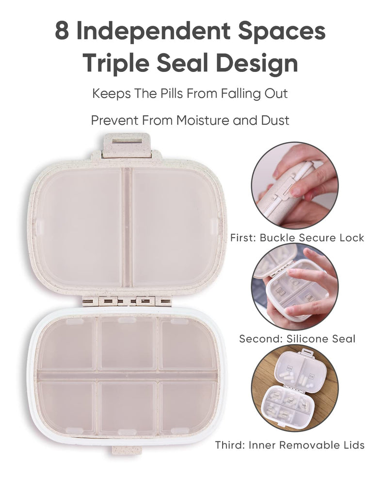 [Australia] - Holii Travel Pill Organizer, 8 Compartments Portable Pill Case, Daily Pill Box to Hold Vitamins, Small Pill Container for Pocket Purse Medicine Organizer（Khaki） Khaki 