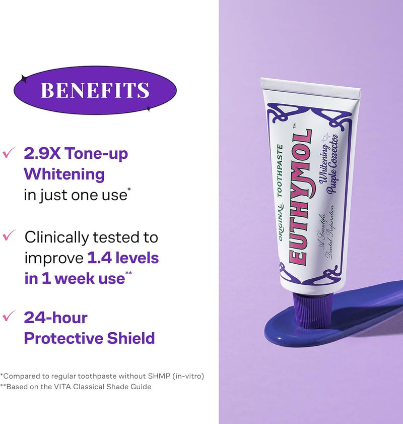 EUTHYMOL Purple Whitening Toothpaste, Instant Tone-up | 3.7 floz*2 (2 Pack) | Whitening Toothpaste for Yellow & Sensitive Teeth, Violet ToneUp, 24H Stain Defense, Long-Lasting Fresh Breath, Aluminum tube 3.7 Fl Oz (Pack of 2)