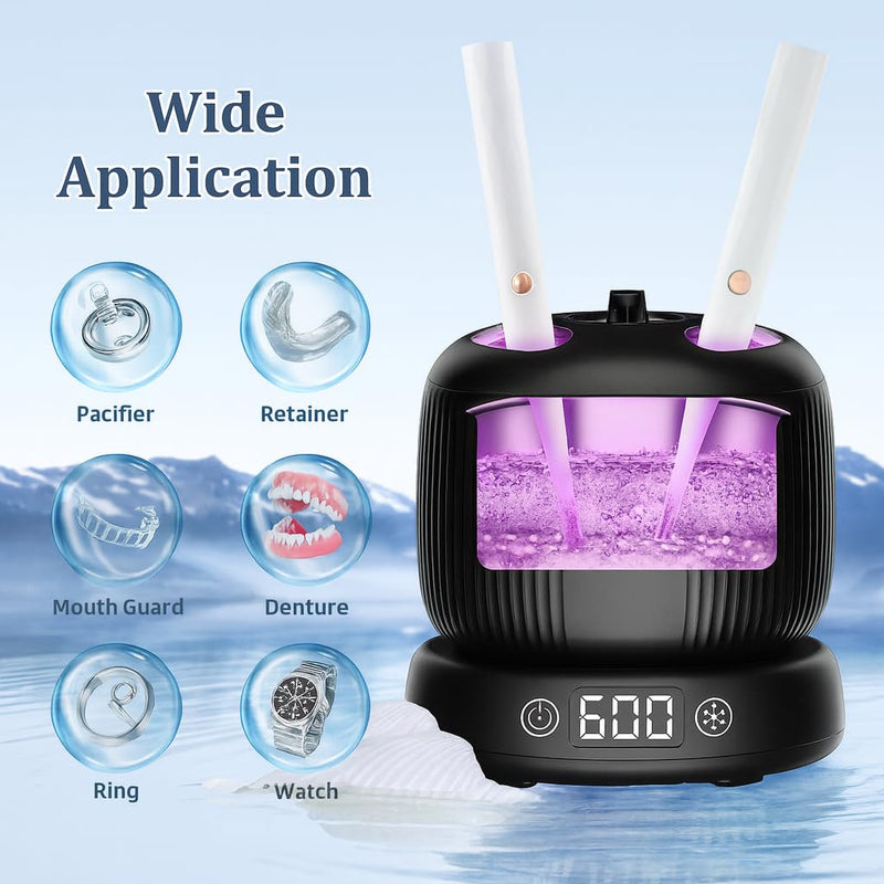 [Australia] - 50kHz Ultrasonic Retainer Cleaner Machine for Travel & Home, Portable Denture Cleaner with Removable Base, 4 Modes Timer, Dental Cleaning Pod for Aligners, Braces, Mouth Guard, Jewelry, Toothbrush Black 