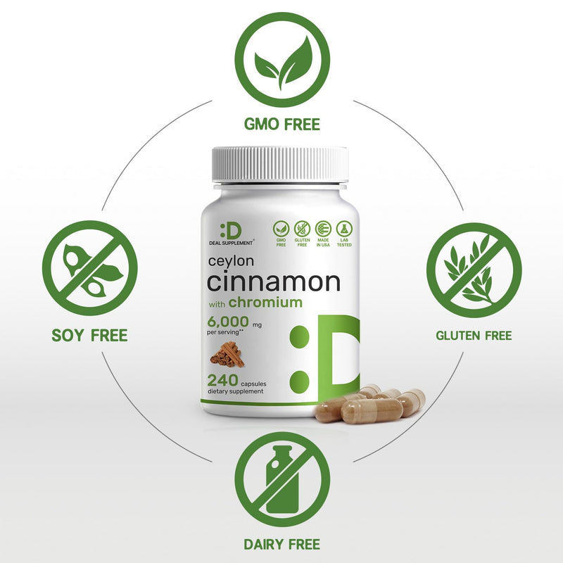 [Australia] - Ceylon Cinnamon 6000mg with Chromium 1000mcg, 240 Capsules | Active Inner Bark Extract, True Sri Lanka Source | Natural Cinnamon Supplements 