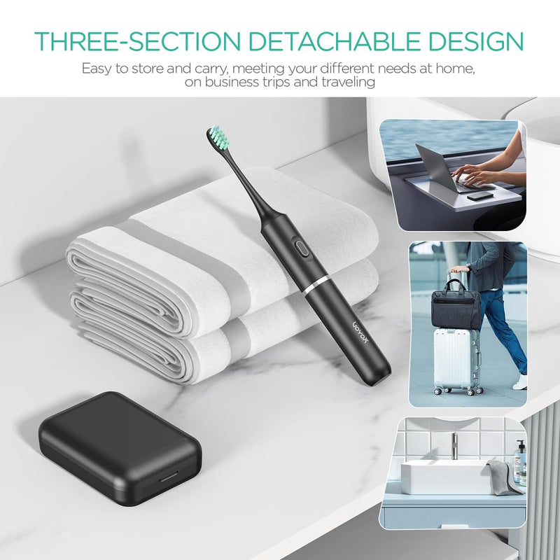 VOYOR-Health Travel Electric Toothbrush, Rechargeable Toothbrushes for Adults, Portable Sonic Toothbrush with 5 Modes, Three-Section Detachable Design with Travel Case ET410 (Black) Black