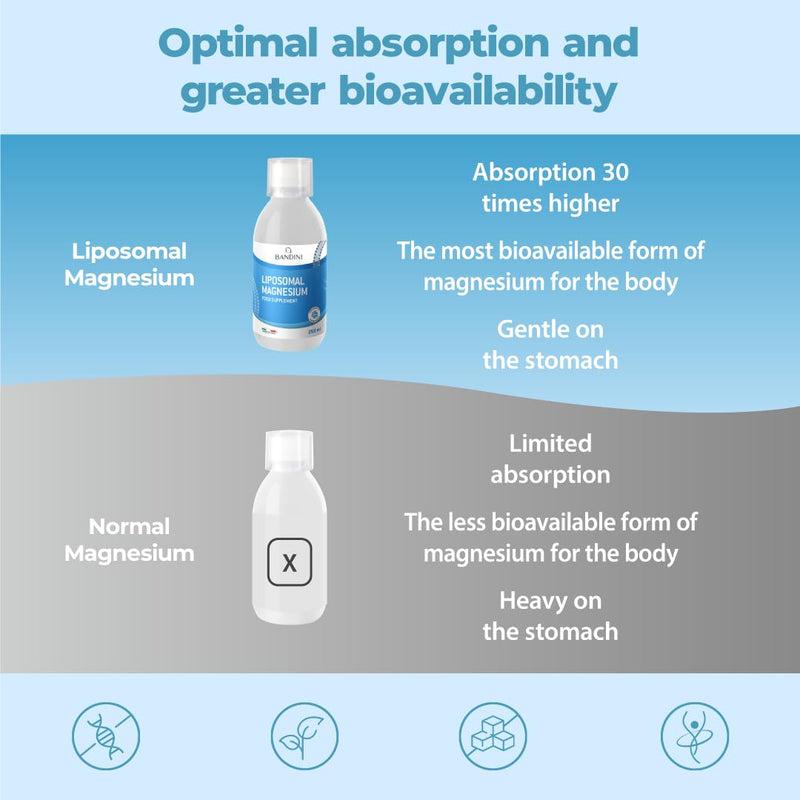 Bandini® Liposomal Magnesium Liquid | High Strength, Bioavailability & Absorption | Reduces Stress, Tiredness, Headaches, Nervousness, Constipation & Promotes Relaxation | Vegan, Non-GMO | 250ml