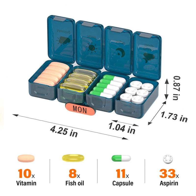 Weekly Pill Organizer 4 Times a Day, Large Compartments Pill Box 4X 7 Day, Medicine Organizer Pill Case for Pills/Vitamins/Fish Oils/Medication/Supplements (4x7 Blue) 4 Times x 7 Days
