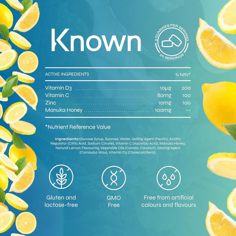 Known Manuka Honey Gummies – Lemon Flavour – 100mg Manuka Honey with Vitamin C, D3 & Zinc – Chewable Gummy Supplement – Natural Immune & Wellness Support – 1 Month Supply – for Men & Women
