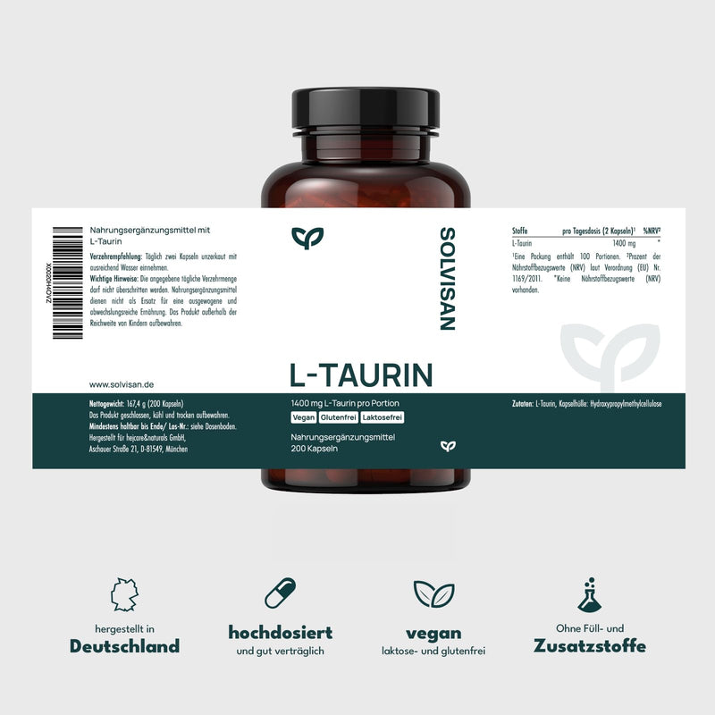 [Australia] - SOLVISAN L-Taurine capsules high dose with 1400 mg per day - 200 capsules - Pre Workout - Without additives 