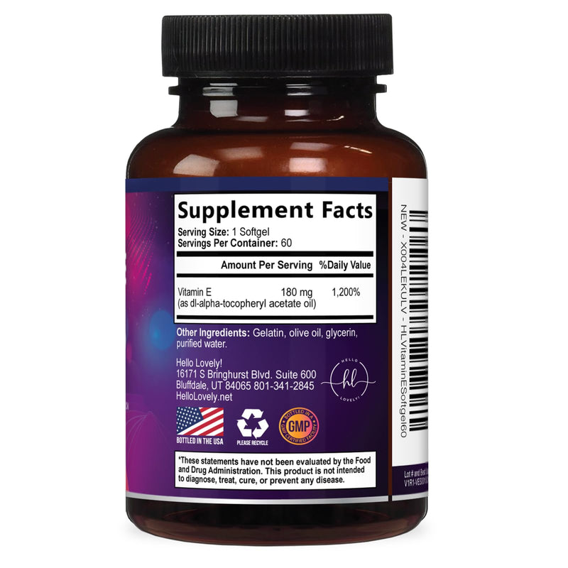 Vitamin E - 180 mg per Serving - Powerful Hair & Skin Support Supplement - dl-Alpha VitaminE Immune Health Support with Antioxidants - Easily Absorbed GMO & Gluten Free, Bottled in USA - 60 Softgels 60 Count (Pack of 1)