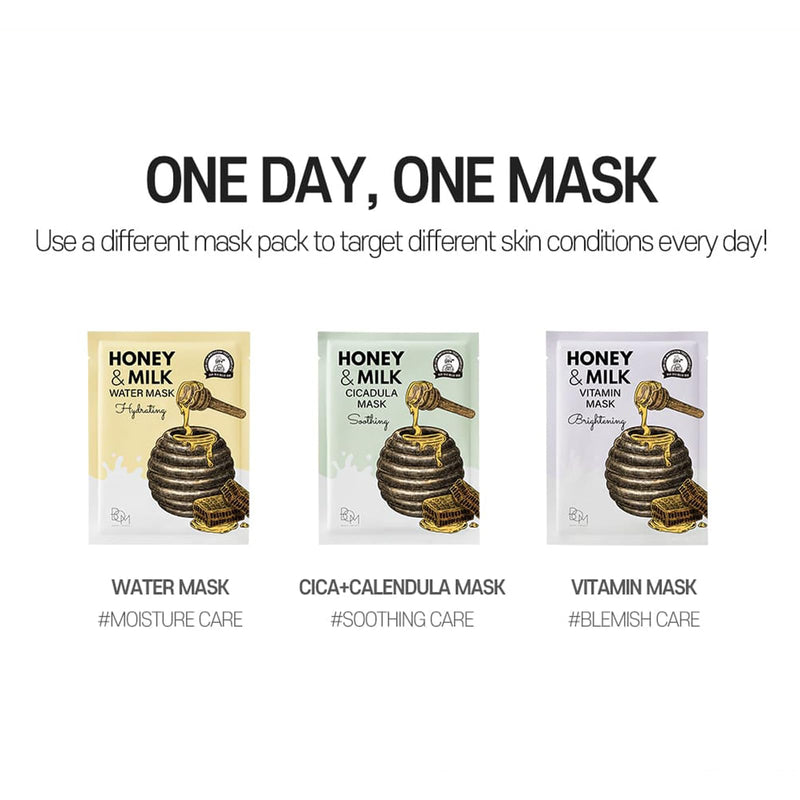 BOM COSMETICS Honey & Milk Vitamin Mask 10ea 0.84 oz Deep Hydration, Sensitive Skin Friendly Hypoallergenic Sheet Mask With Honey & Milk Extract & 13 Vitamins, Korean Skincare Face Mask