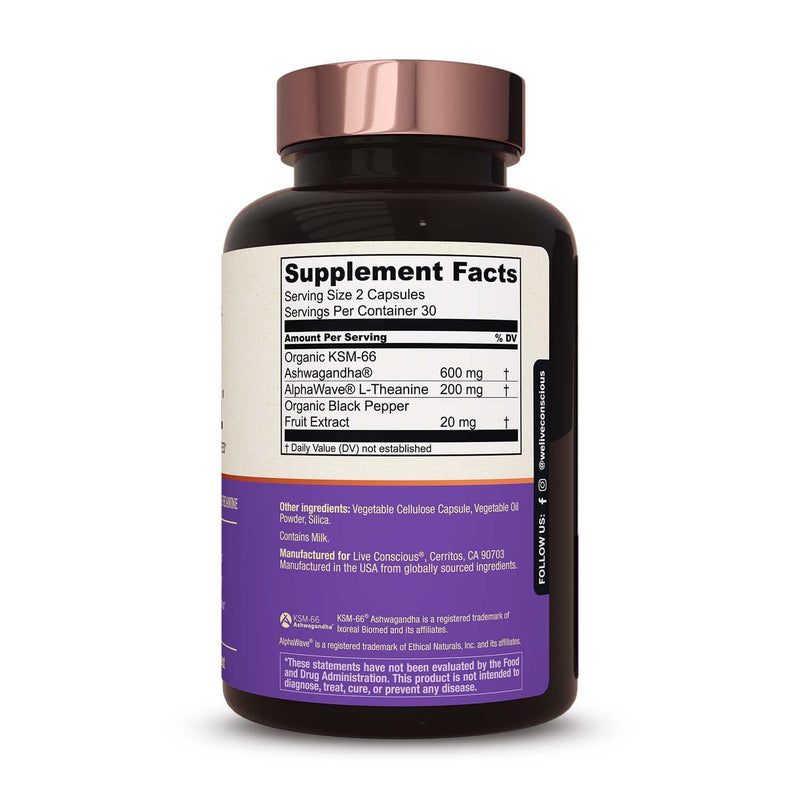 [Australia] - Live Conscious KSM-66 Ashwagandha Supplement w/L Theanine & AlphaWave - ZenWell Everyday Stress Relief, Mood Support, Cognitive, Brain Health - Ashwagandha for Men & Women - 60 Capsules 60 Count (Pack of 1) 