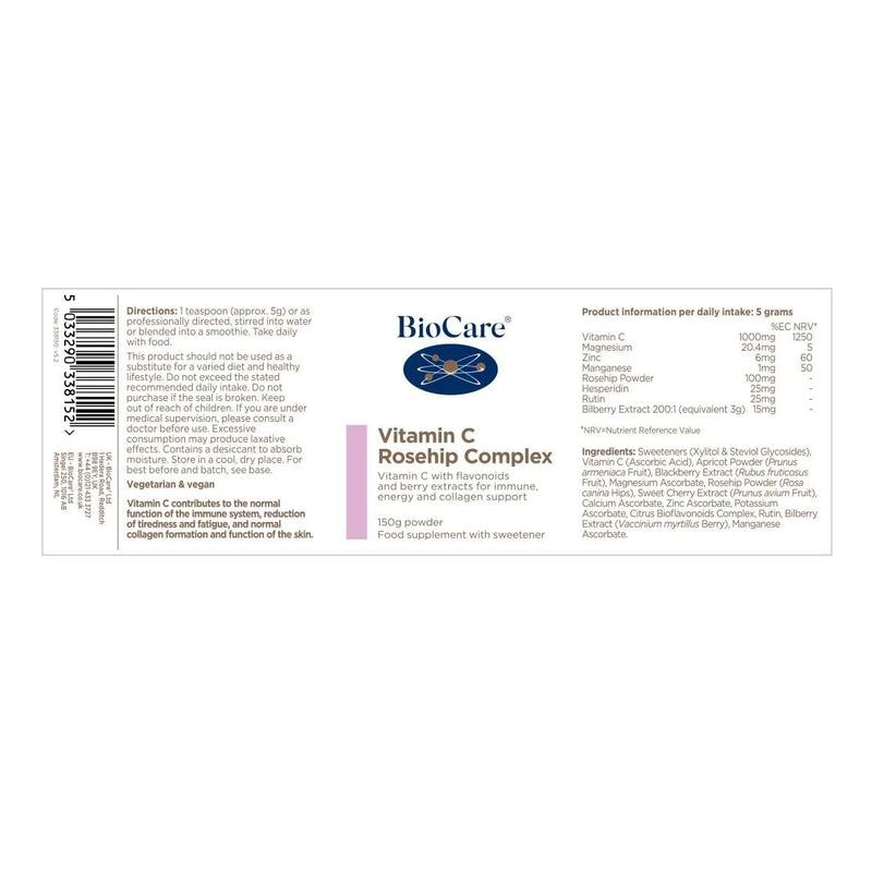 BioCare Vitamin C Rosehip Complex - with Vitamin C, Zinc, Manganese & Magnesium - Immune, Energy and Collagen Powder - 150g