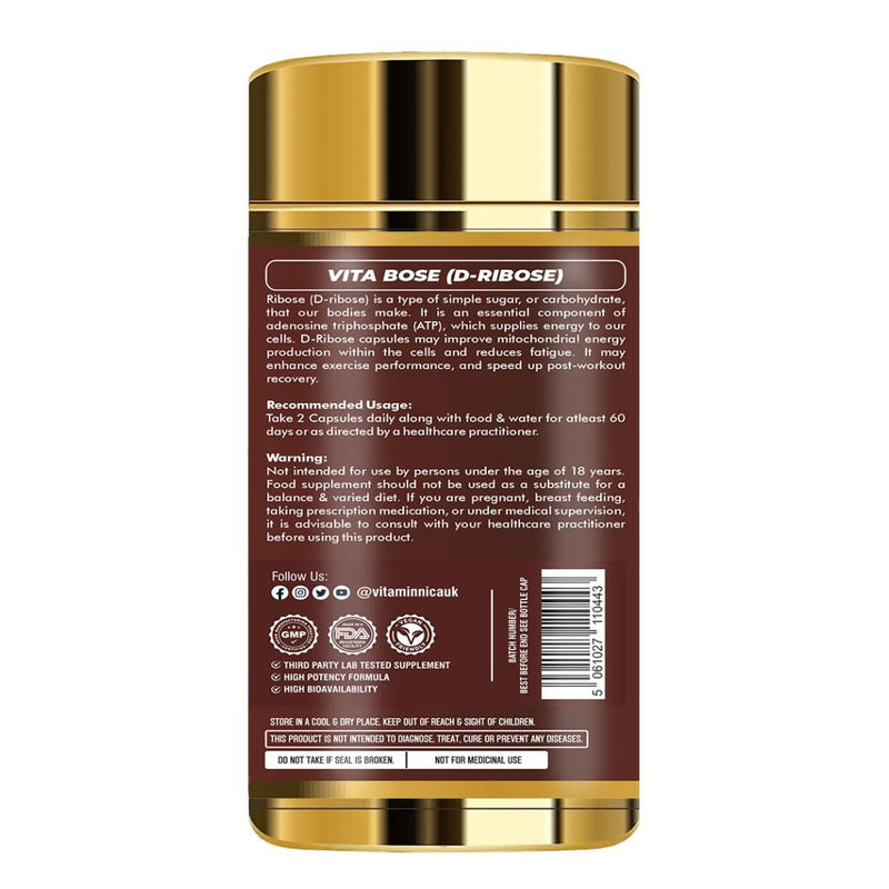 Vitaminnica Vita Bose D-Ribose Capsules - Premium for Energy & Muscle Recovery - 500mg Per Capsule | 60 Capsules