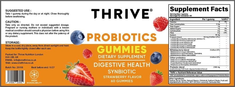 THRIVE Probiotics Gummies with 30 Billion Live & Active CFU Strain for Digestive Health & Gut Support, Synbiotic | Dairy & Gluten Free | Strawberry Flavour Gummies, High Bioavailability | 60 Gummies