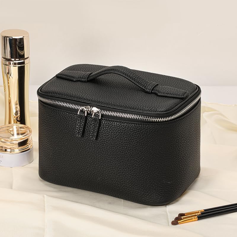 Ladies' makeup bag made of top-grain genuine leather, with a litchi pattern multi-functional for jewelry storage suitable for travel, commuting home use Cosmetic Case Black,lychee pattern