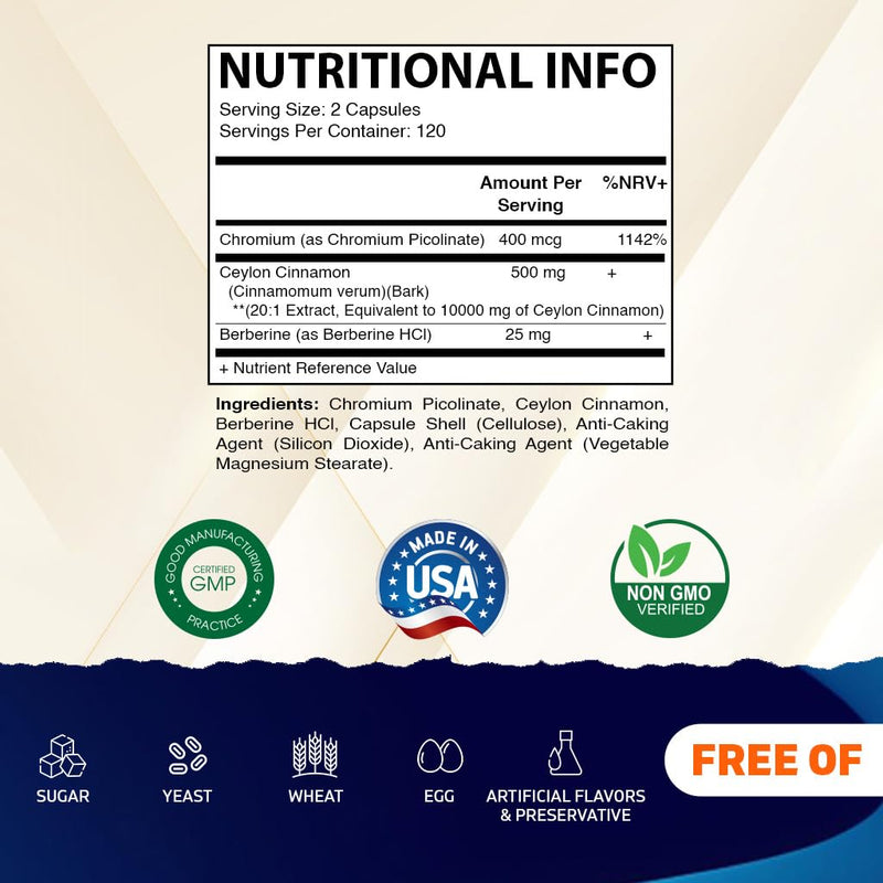 Vitamatic Ceylon Cinnamon 10000 mg Equivalent Per Serving (from 20:1 Extract 500 mg) with Berberine & Chromium - 240 Vegetable Capsules - Non-GMO & Gluten Free