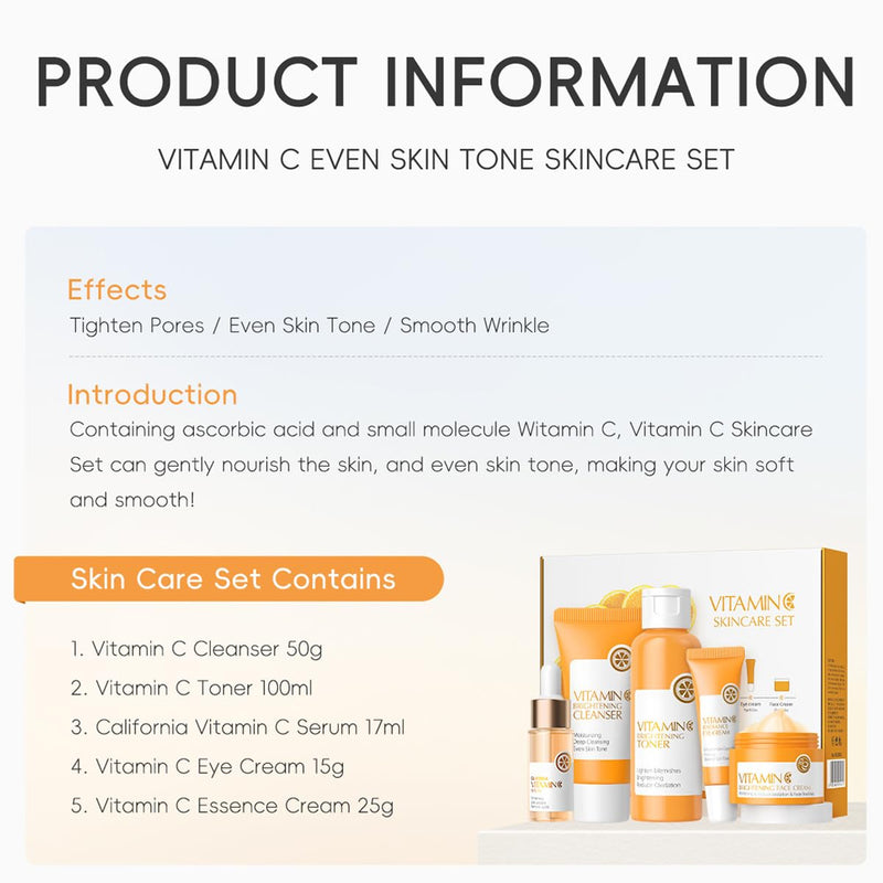 5PCS Vitamin C Skincare Set, Complete Face Care Kit with Cleanser, Toner, Serum, Eye Cream and Face Cream, Moisturizing Anti-Aging Skin