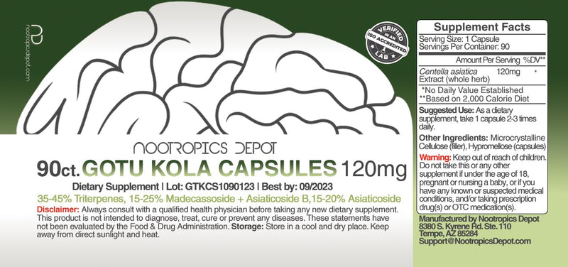 [Australia] - Nootropics Depot Gotu Kola Extract Capsules | 120mg | 90 Count | Acid Resistant | Centella asiatica | 35-45% Triterpenes | Supports Healthy Stress Levels | Promotes Memory Enhancement 90 Count (Pack of 1) 