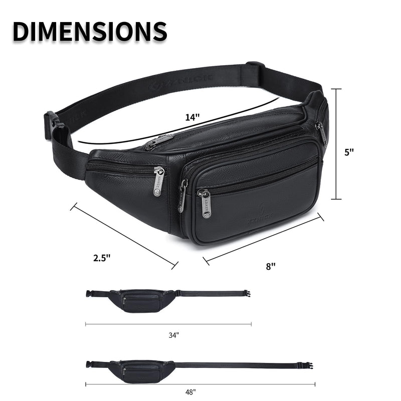 Genuine Leather Fanny Pack/Waist Bag/Organizer with Adjustable Belt, Multiple Pockets For Men and Women Black-861 Medium